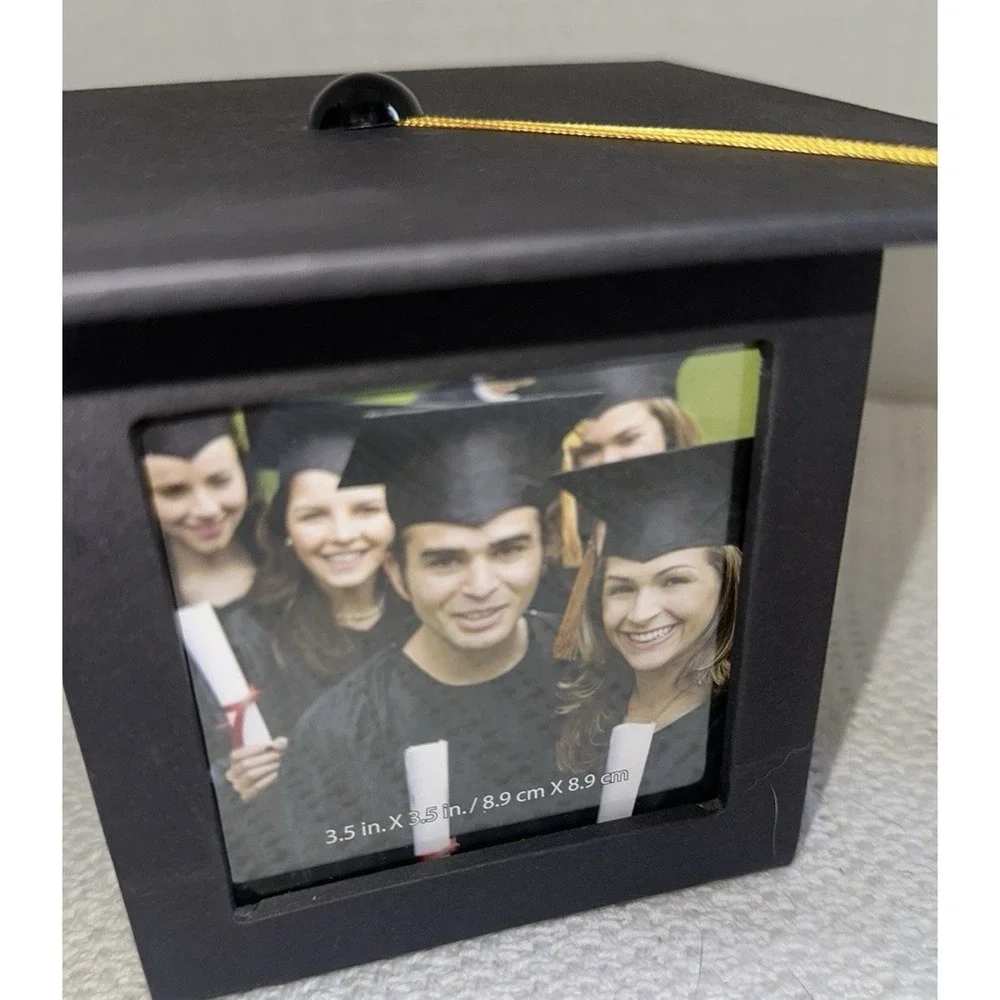 Graduation Cap Photo Frame Cube Black Mortarboard with Gold Tassel 3.5x3.5 Class